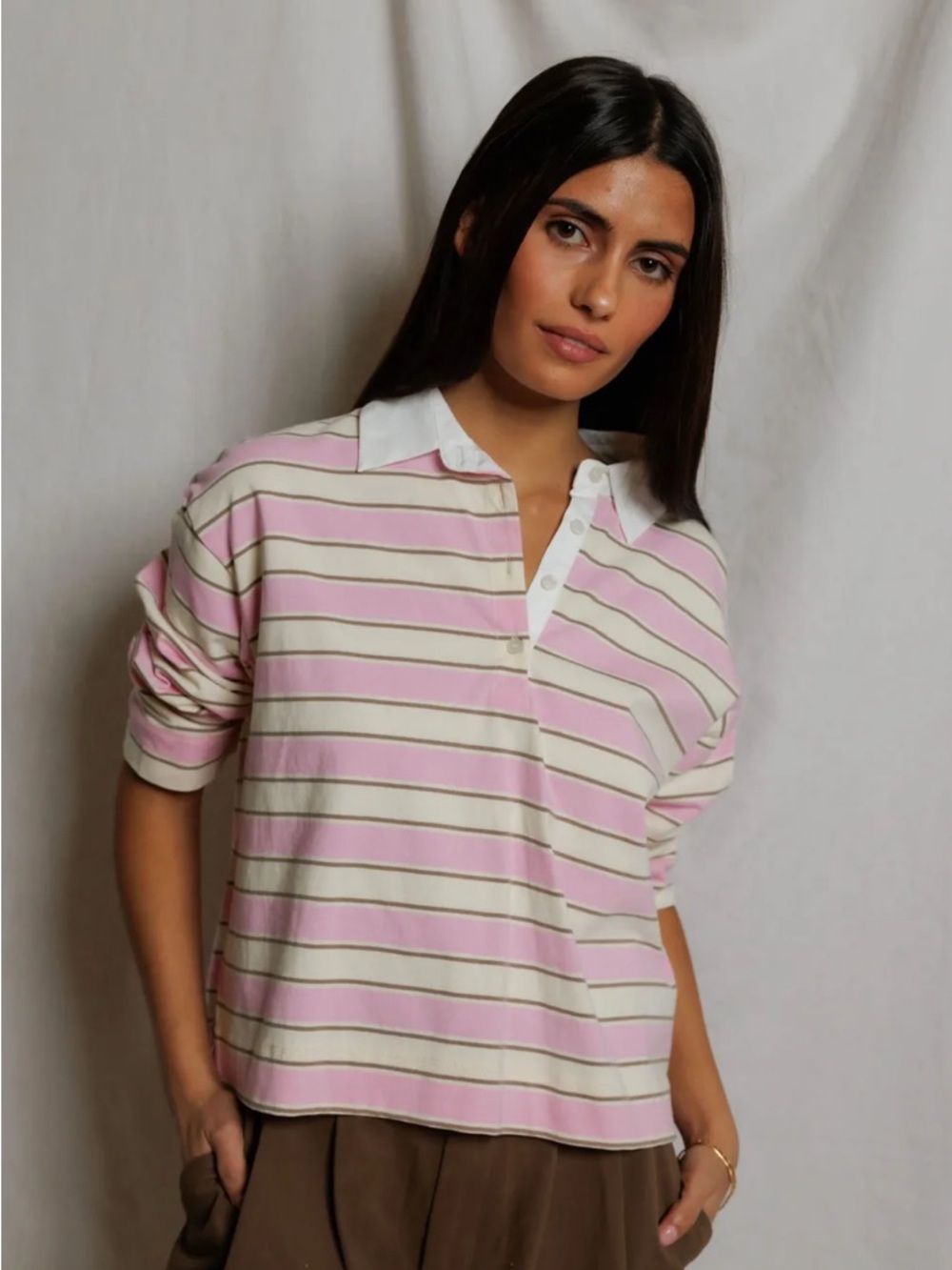 perfectwhitetee Pink and White Striped Long Sleeve Polo Tee